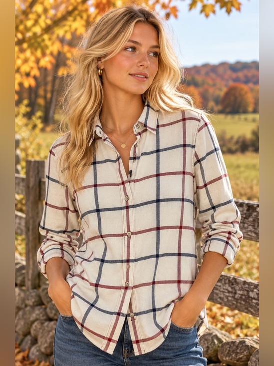 Faherty Tops - Faherty Womens M Cream Burgundy Navy Plaid Flannel Button Down Shirt Country